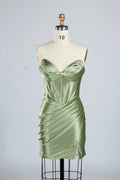 Wholesale Sage Green Satin Strapless Ruched Homecoming Dress d-138s