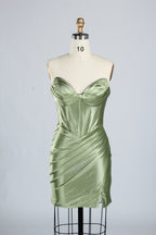Wholesale Sage Green Satin Strapless Ruched Homecoming Dress d-138s
