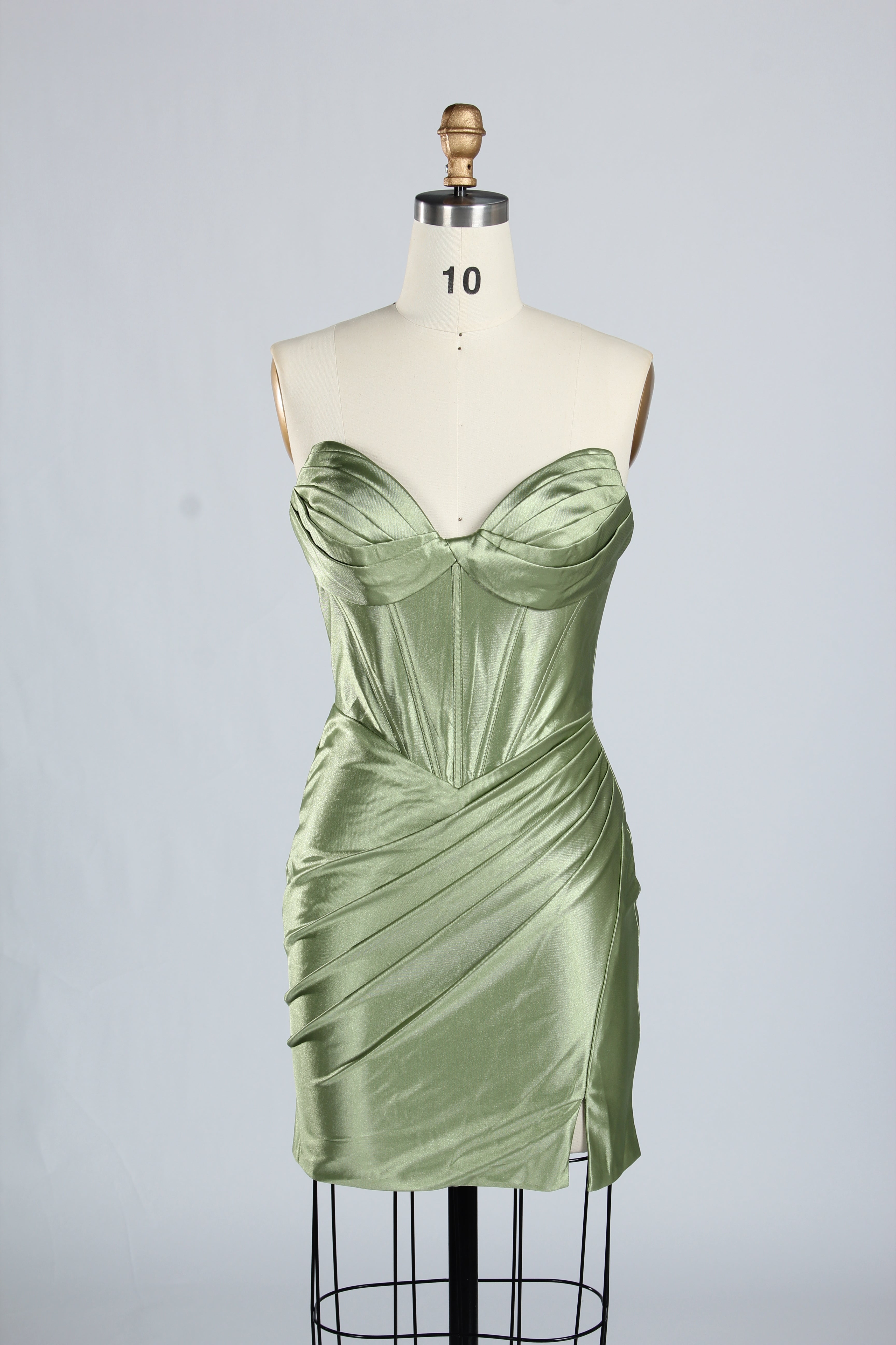 Wholesale Sage Green Satin Strapless Ruched Homecoming Dress d-138s