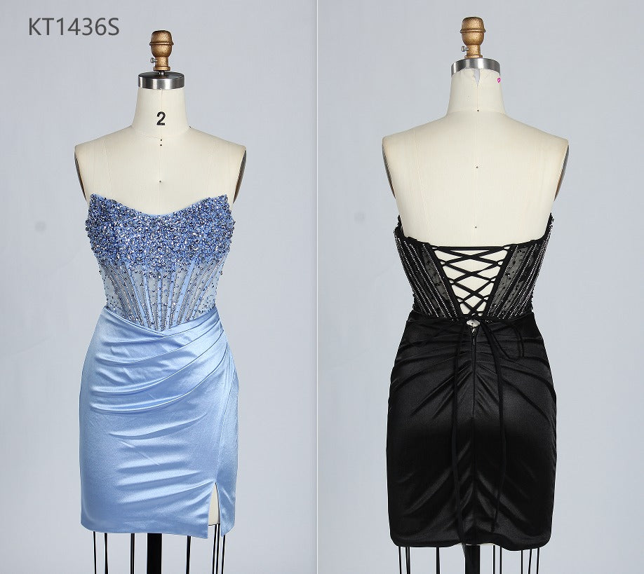 Wholesale Light Blue Sequin Strapless Satin Homecoming Dress KT1436S
