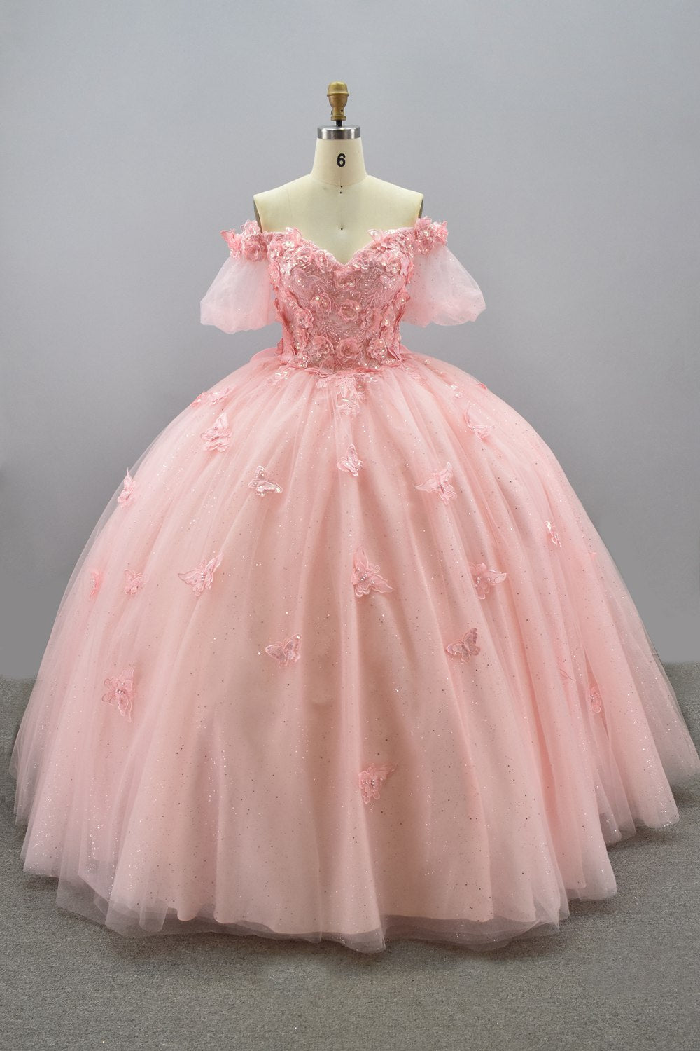 Wholesale Off-Shoulder Quinceañera Dress 3D Butterfly Appliqués Puff Sleeve Ball Gown KM2236