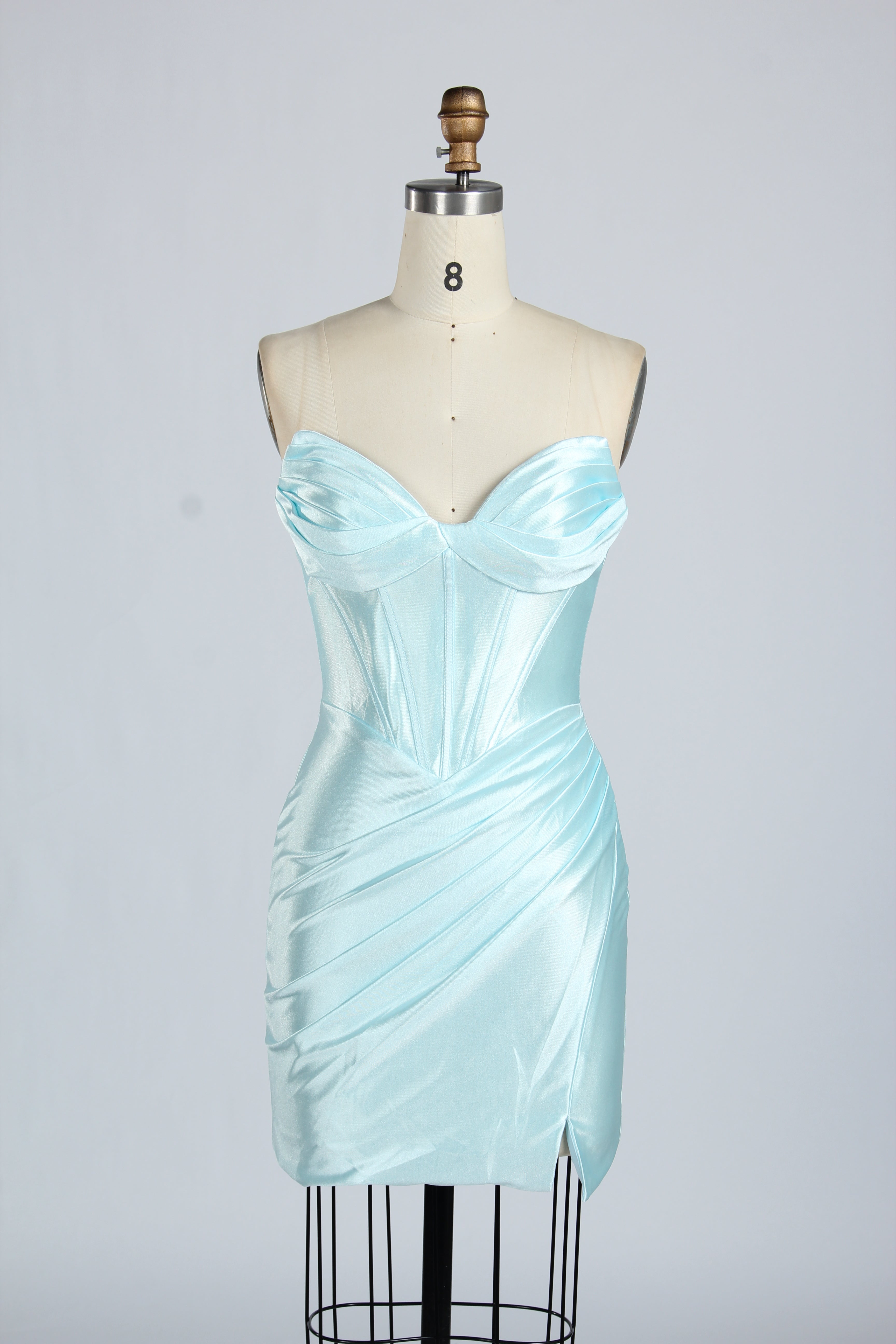 Wholesale Sage Green Satin Strapless Ruched Homecoming Dress d-138s
