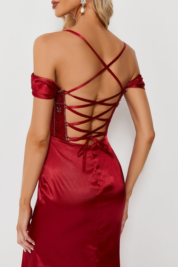 Dazzling Sophistication Beaded Satin Mermaid Slit Prom Dress 32682