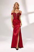 A woman stands against a light background, wearing a deep - red satin gown. It features off - shoulder sleeves, a beaded bodice, and a high side slit. The intricate bead patterns and ruched skirt create a glamorous look, perfect for formal events like galas or evening parties, exuding elegance and charm.
1