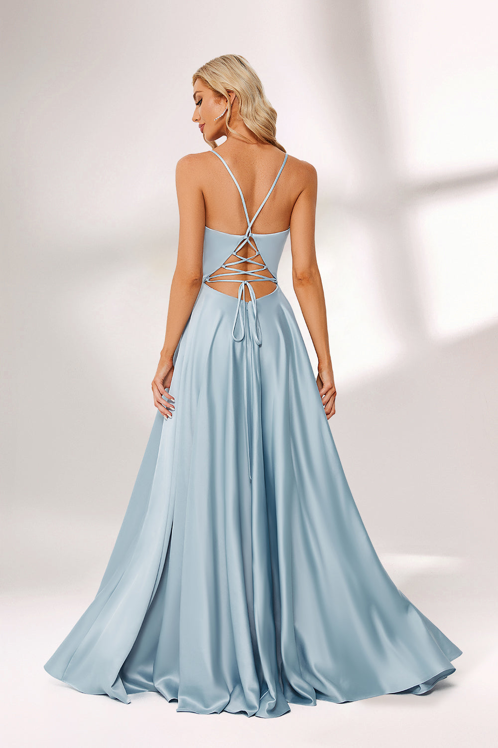 Light blue satin prom dress with criss-cross back, high slit, plunge neckline, and A-line skirt. Elegant and flattering, perfect for formal events and bulk orders.02