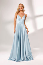 Light blue satin prom dress with criss-cross back, high slit, plunge neckline, and A-line skirt. Elegant and flattering, perfect for formal events and bulk orders.04