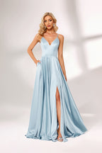 Light blue satin prom dress with criss-cross back, high slit, plunge neckline, and A-line skirt. Elegant and flattering, perfect for formal events and bulk orders.05