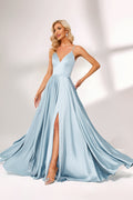 Light blue satin prom dress with criss-cross back, high slit, plunge neckline, and A-line skirt. Elegant and flattering, perfect for formal events and bulk orders.01