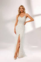 Sparkly V-Neck Sequin Sheath Feather Trim Slit Evening Dress MC067