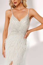 Sparkly V-Neck Sequin Sheath Feather Trim Slit Evening Dress MC067