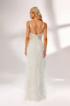 Sparkly V-Neck Sequin Sheath Feather Trim Slit Evening Dress MC067