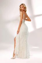 Sparkly V-Neck Sequin Sheath Feather Trim Slit Evening Dress MC067