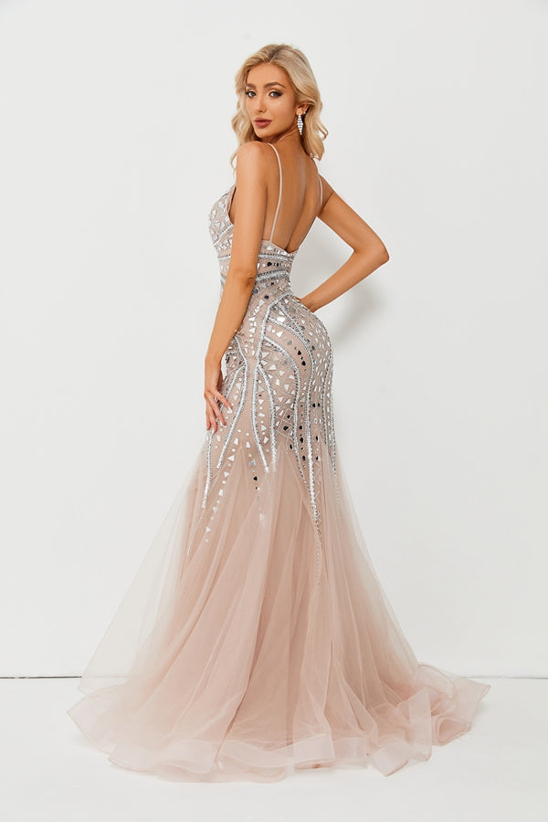 Wholesale Champagne Sequin Plunge V Neck Mermaid Tulle Gown KT1329