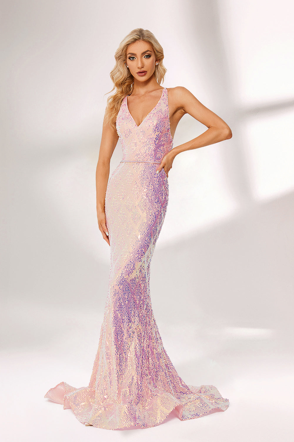 Wholesale Holographic Sequin V-Neck Mermaid Prom Dress 32661