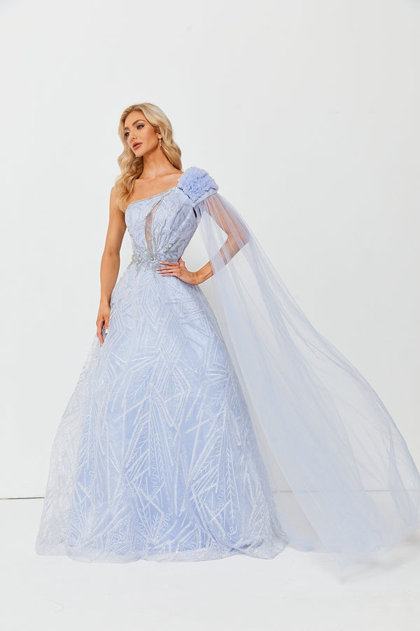 Wholesale Light Blue Beaded One-Shoulder Tulle Gown Flower MK095