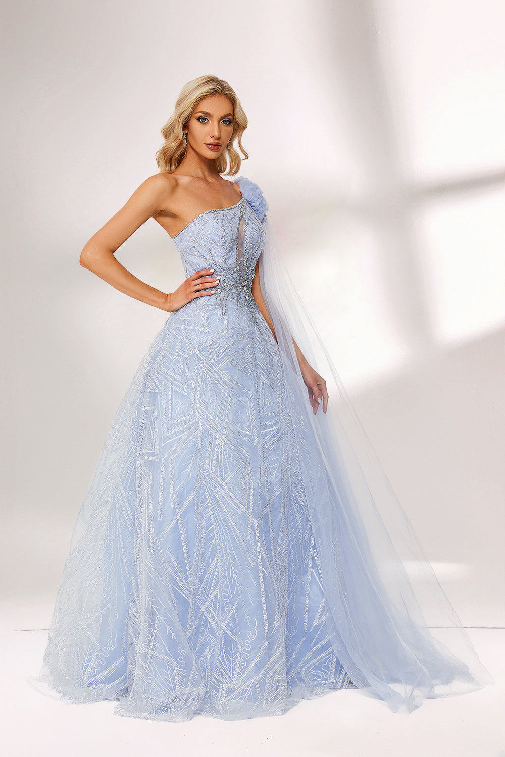 In soft lighting, a woman stuns in a light blue one - shoulder evening gown. It has a floral accent on the shoulder, a sheer cape - like detail, and intricate silver embroidery. The dreamy design creates an elegant and fairy - tale - like look, perfect for grand events.4