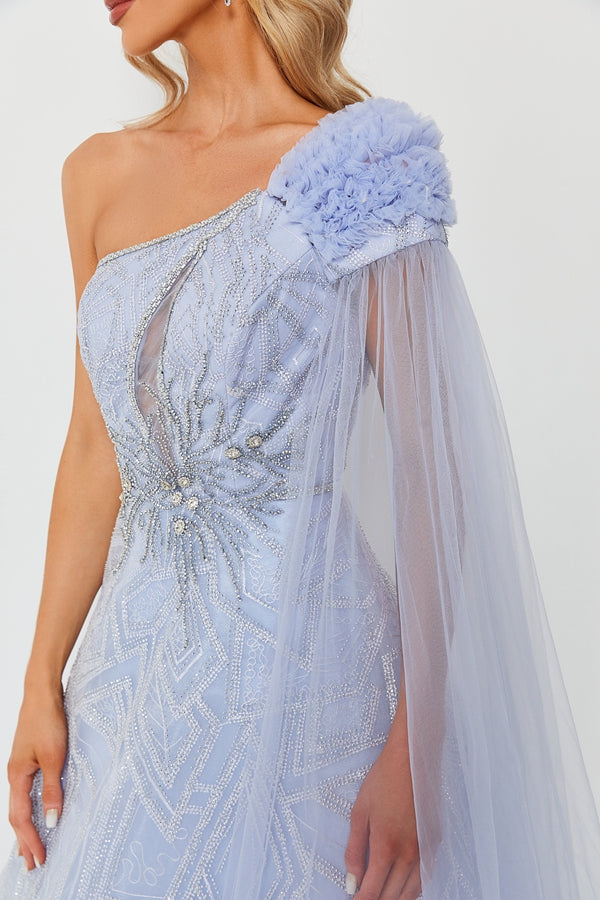 Wholesale Light Blue Beaded One-Shoulder Tulle Gown Flower MK095