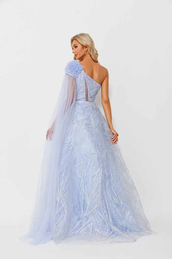 Wholesale Light Blue Beaded One-Shoulder Tulle Gown Flower MK095