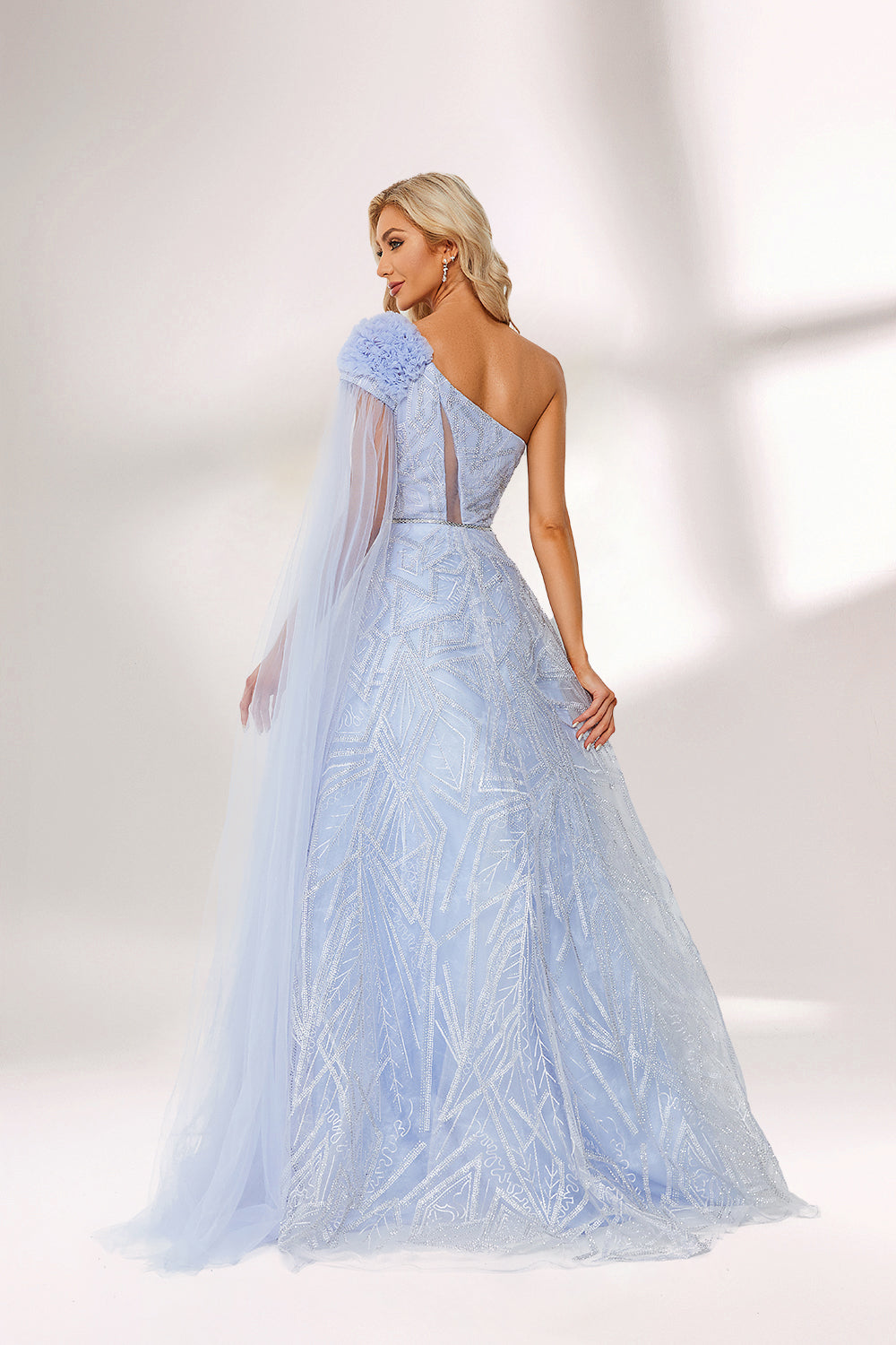In soft lighting, a woman stuns in a light blue one - shoulder evening gown. It has a floral accent on the shoulder, a sheer cape - like detail, and intricate silver embroidery. The dreamy design creates an elegant and fairy - tale - like look, perfect for grand events.2