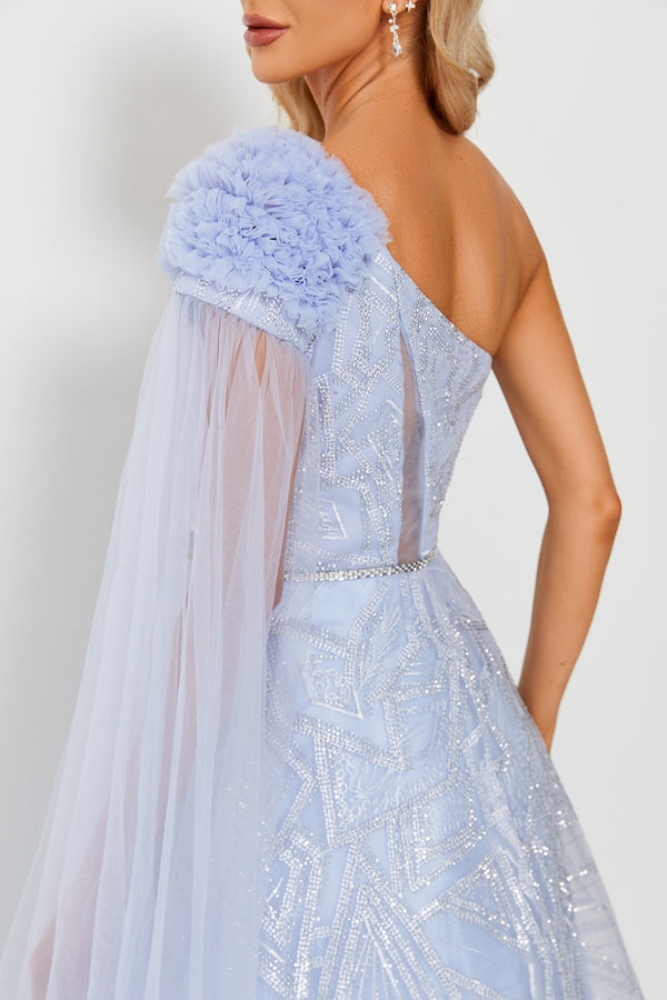 Wholesale Light Blue Beaded One-Shoulder Tulle Gown Flower MK095
