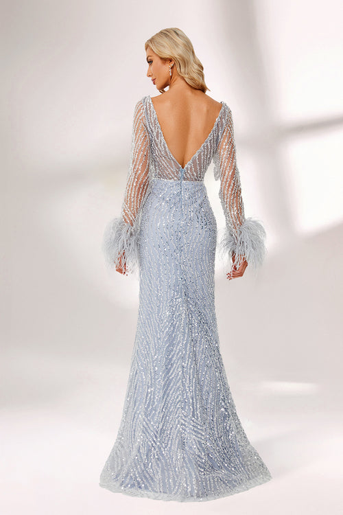 Light blue sequin mermaid gown, back view, V-back and feather sleeve accents
