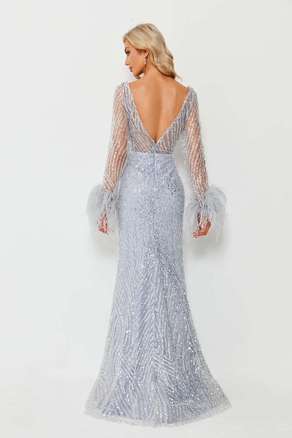 Wholesale Light Blue Sequin Feather Sleeve Mermaid Gown KS011