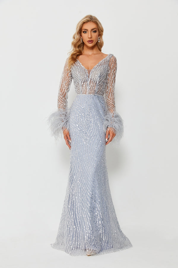 Wholesale Light Blue Sequin Feather Sleeve Mermaid Gown KS011