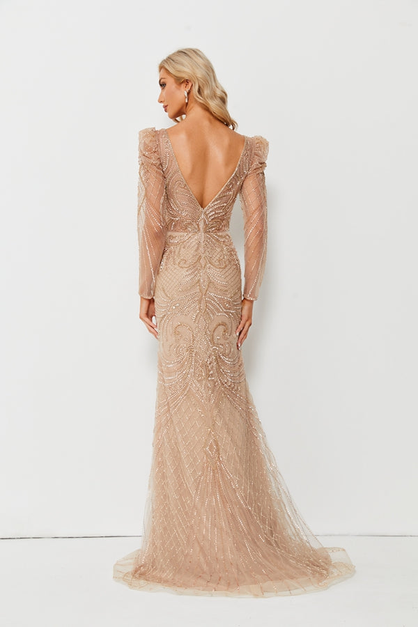 Wholesale Champagne Beaded Long Sleeve Mermaid Tulle Gown MC085