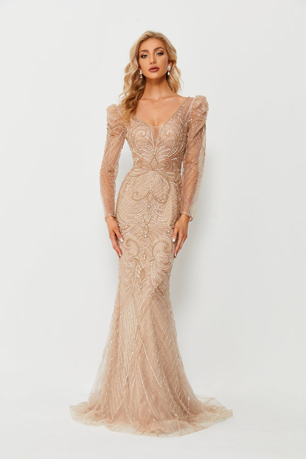 Wholesale Champagne Beaded Long Sleeve Mermaid Tulle Gown MC085