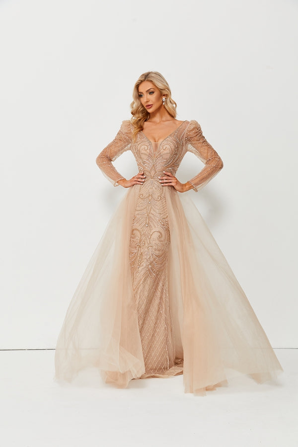 Wholesale Champagne Beaded Long Sleeve Mermaid Tulle Gown MC085