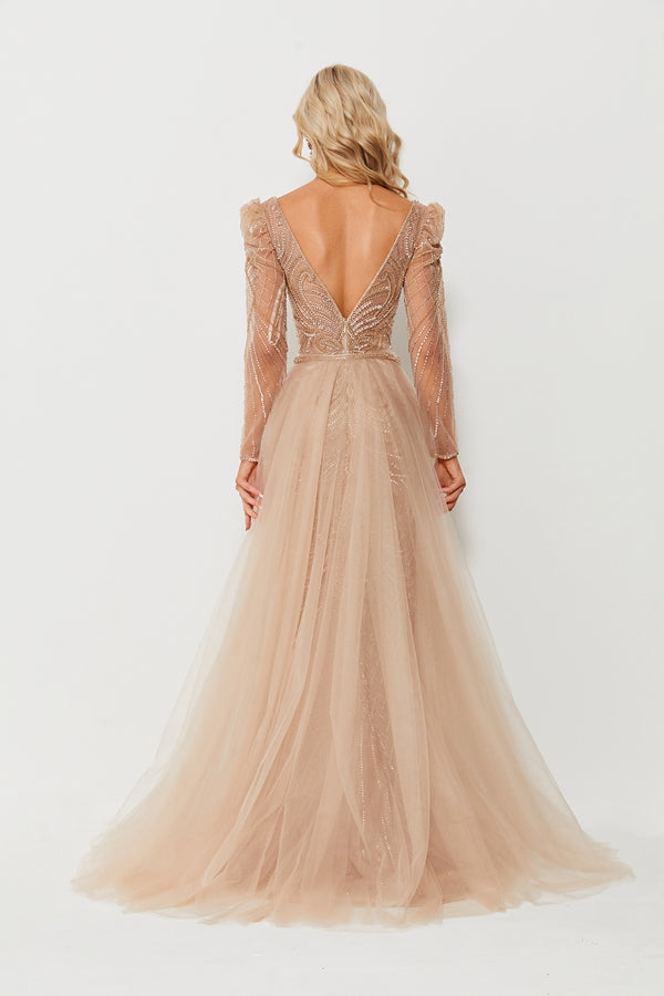 Wholesale Champagne Beaded Long Sleeve Mermaid Tulle Gown MC085