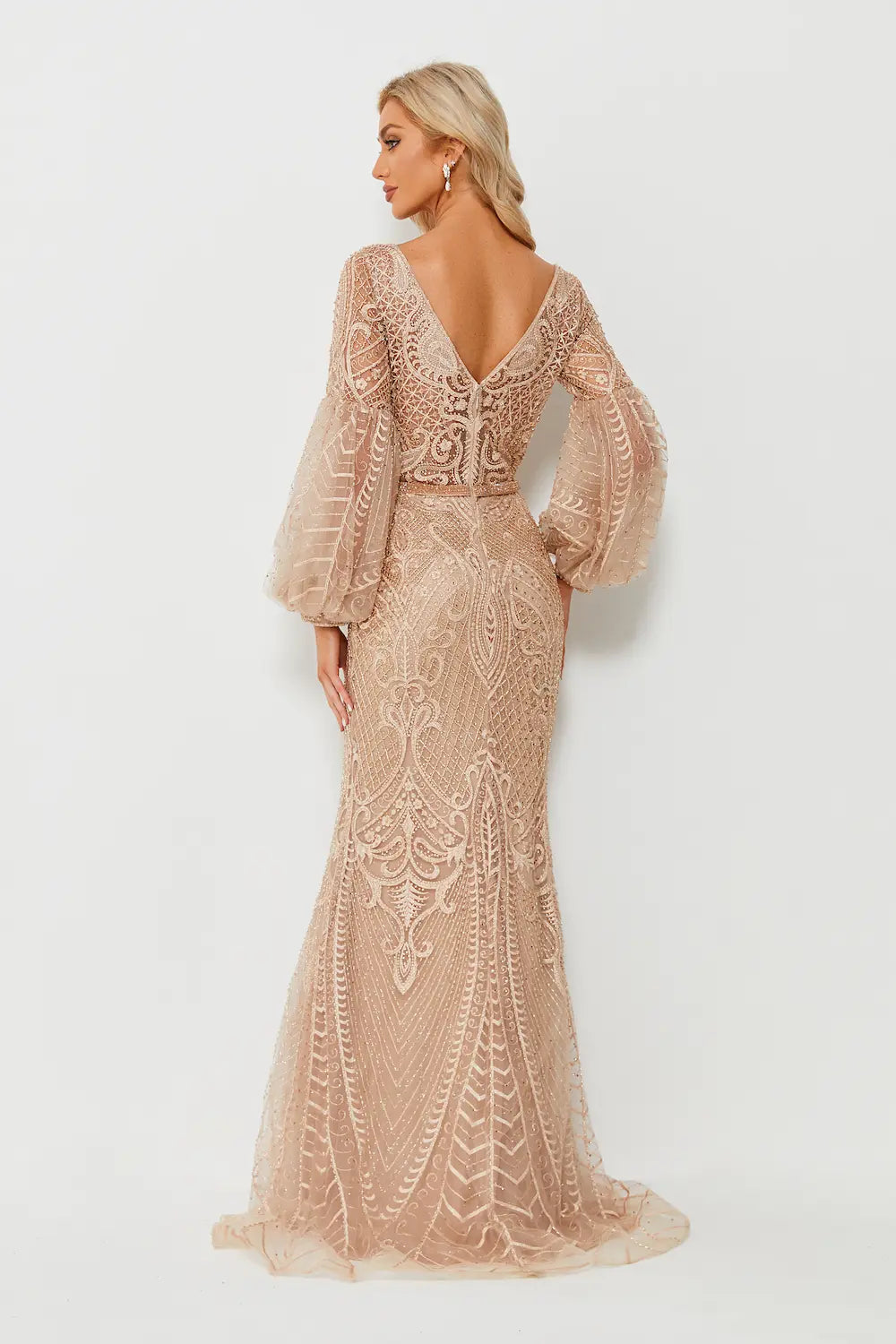 Champagne beaded A-line gown with long puff sleeves and open-back V yoke