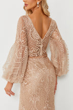 Wholesale Beaded Champagne Evening Gown, Puff Sleeve mk090
