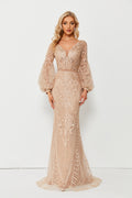Wholesale Beaded Champagne Evening Gown, Puff Sleeve mk090