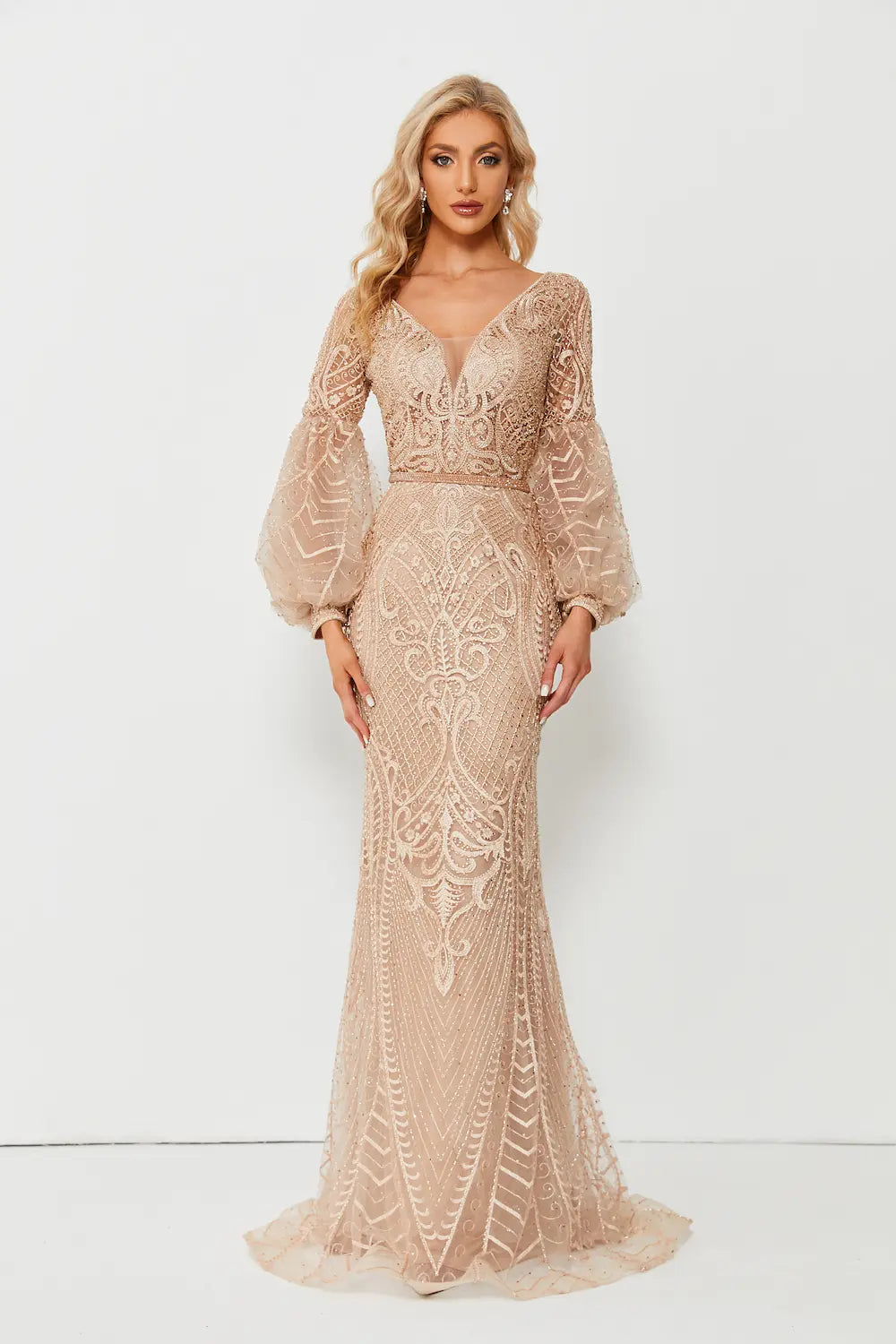 Champagne beaded A-line evening gown with sheer puff sleeves and deep V front