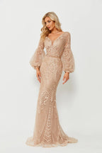 Champagne beaded A-line gown with long puff sleeves and textured fitted bodice