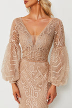Wholesale Beaded Champagne Evening Gown, Puff Sleeve mk090