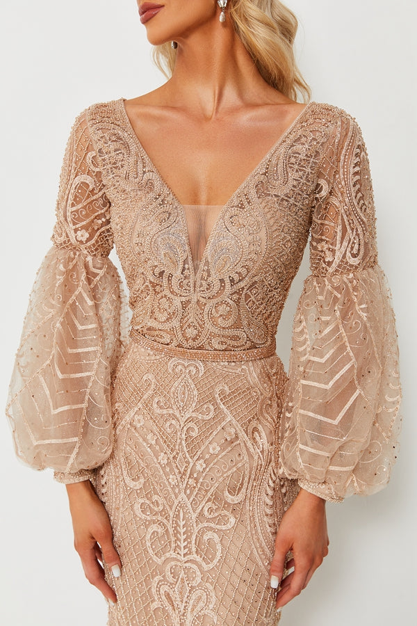 Wholesale Beaded Champagne Evening Gown, Puff Sleeve mk090