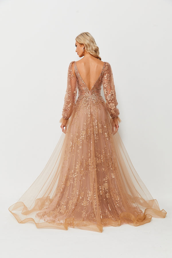 Wholesale Champagne Tulle Floral Embroidered V-Neck Gown KT1325