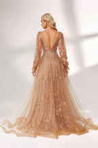 Set against a light backdrop, a woman is clad in a champagne - hued tulle gown. It boasts a deep V - neckline, long sheer sleeves adorned with lace embroidery, and a flowing tulle skirt featuring gold floral accents. The refined design exudes a romantic and luxurious charm, ideal for formal occasions such as proms or weddings.2