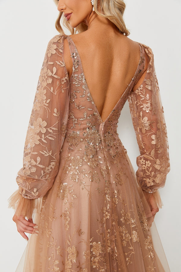 Wholesale Champagne Tulle Floral Embroidered V-Neck Gown KT1325