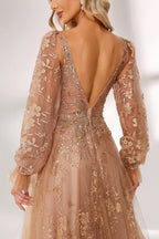 Set against a light backdrop, a woman is clad in a champagne - hued tulle gown. It boasts a deep V - neckline, long sheer sleeves adorned with lace embroidery, and a flowing tulle skirt featuring gold floral accents. The refined design exudes a romantic and luxurious charm, ideal for formal occasions such as proms or weddings.4