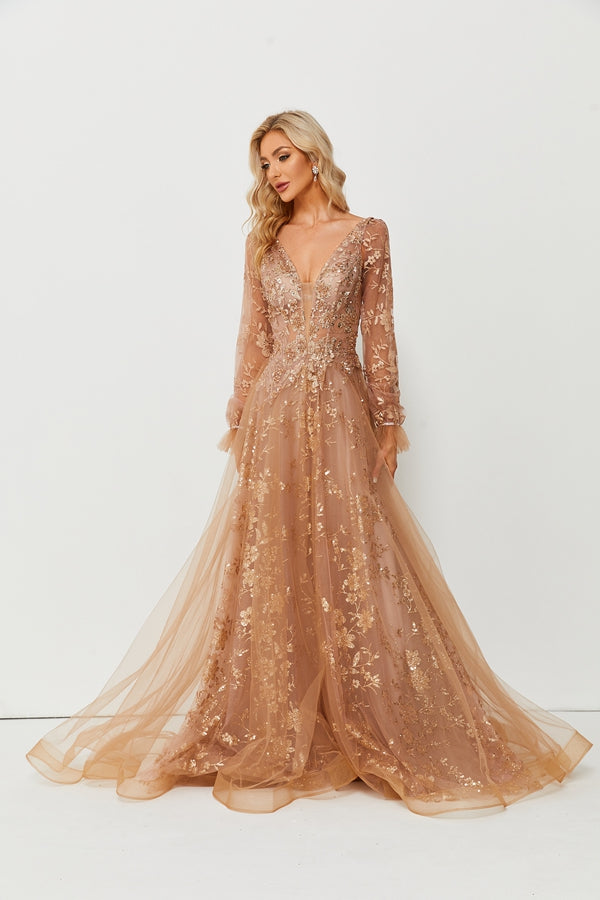 Wholesale Champagne Tulle Floral Embroidered V-Neck Gown KT1325