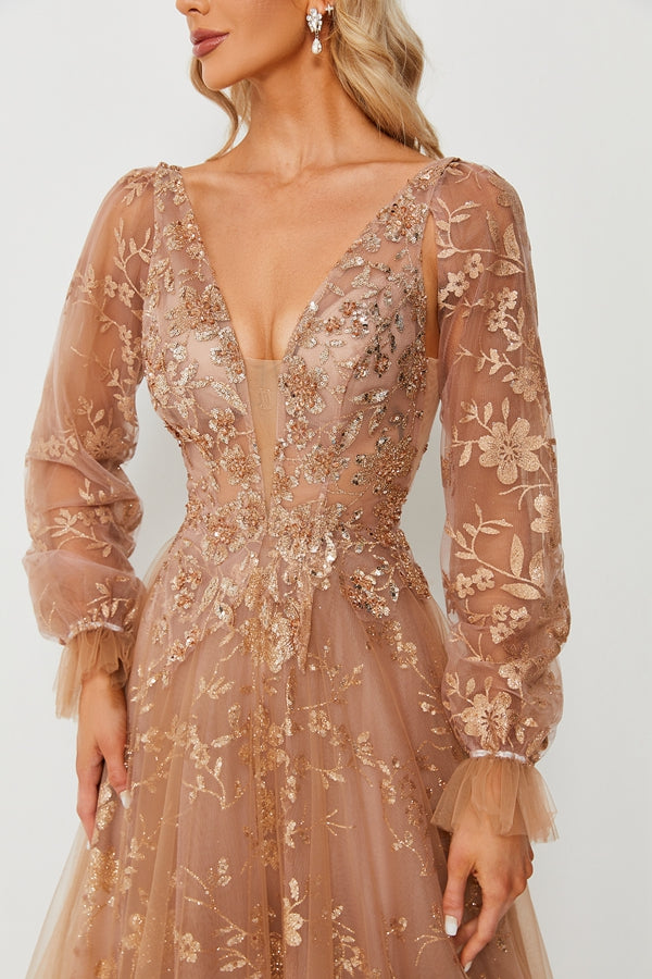 Wholesale Champagne Tulle Floral Embroidered V-Neck Gown KT1325
