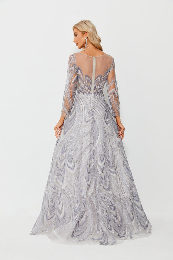 Wholesale Silver Beaded Mesh Evening Gown, Long Sleeve Dress ks005