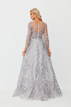 Wholesale Silver Beaded Mesh Evening Gown, Long Sleeve Dress ks005