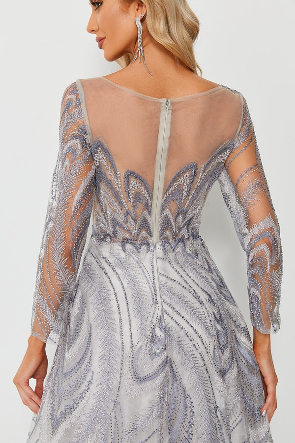 Wholesale Silver Beaded Mesh Evening Gown, Long Sleeve Dress ks005