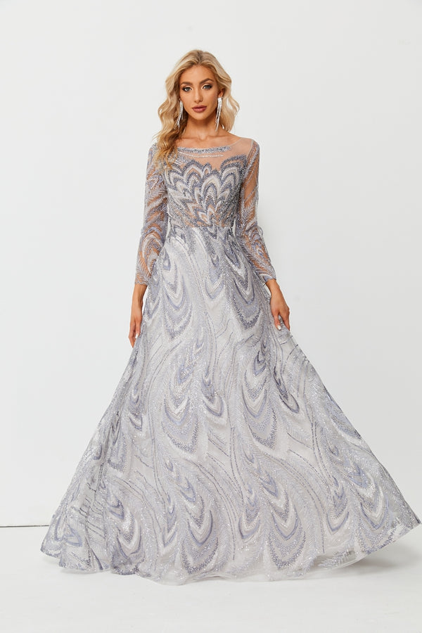 Wholesale Silver Beaded Mesh Evening Gown, Long Sleeve Dress ks005