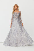 Wholesale Silver Beaded Mesh Evening Gown, Long Sleeve Dress ks005