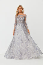Wholesale Silver Beaded Mesh Evening Gown, Long Sleeve Dress ks005